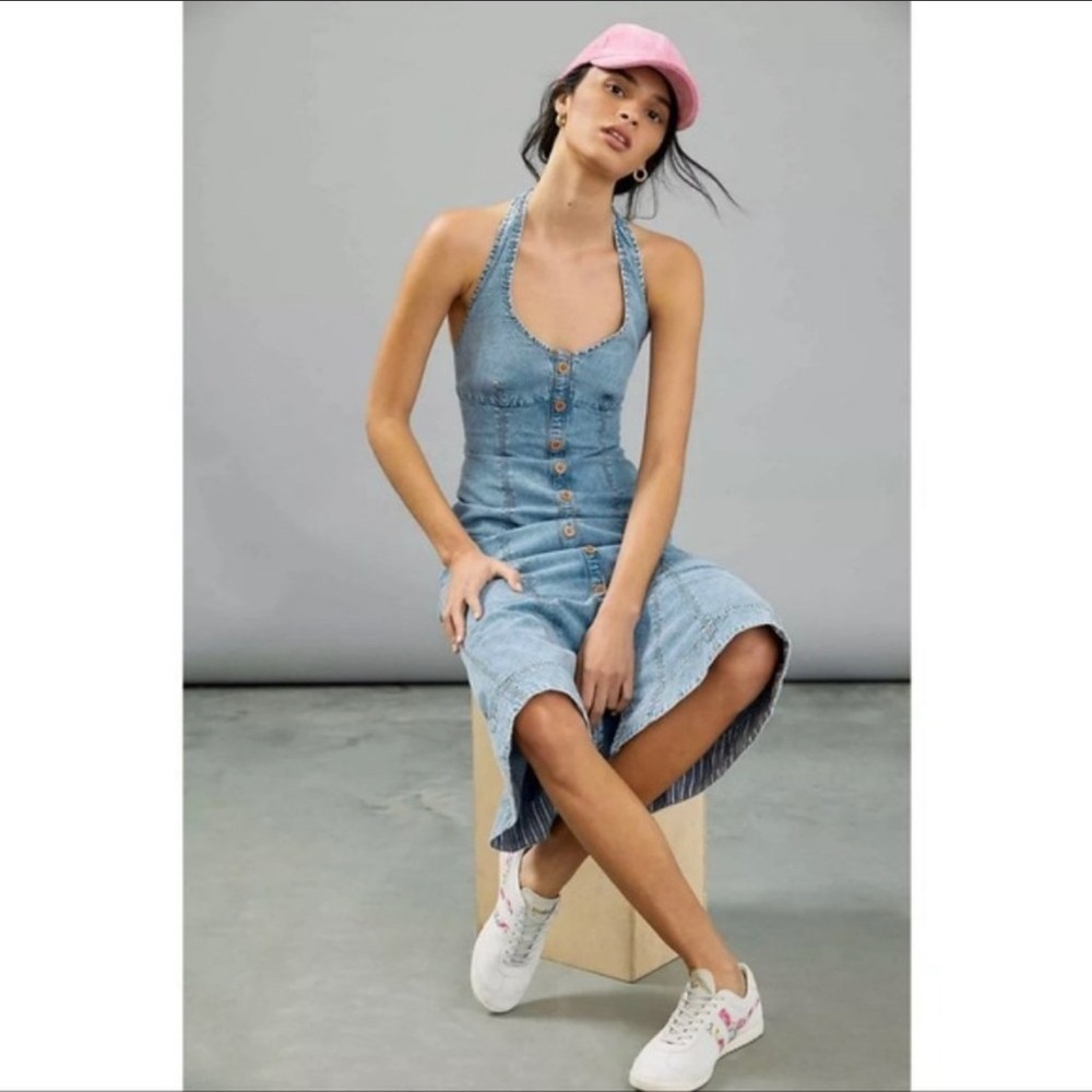 Anthropologie Annina Faux Button Denim Midi Dress, Maeve by Anthropologie halter